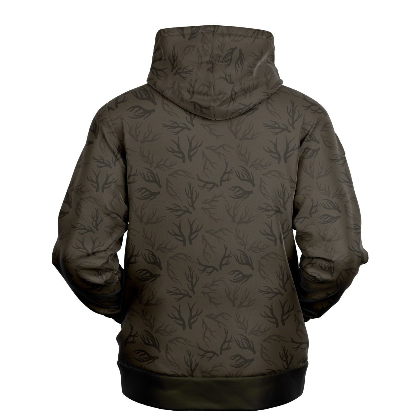 A Bark Brown Deer Hunter - Antler Whisper Pull Over Hoodie made from a tri-blend material, featuring black camouflage patterns and a front pocket. The chest displays a logo with the text "UPR4DAWN" in a white, stylized font. Above the text is a silhouette of a tree and a rising sun, making it perfect adventure apparel for outdoor enthusiasts.