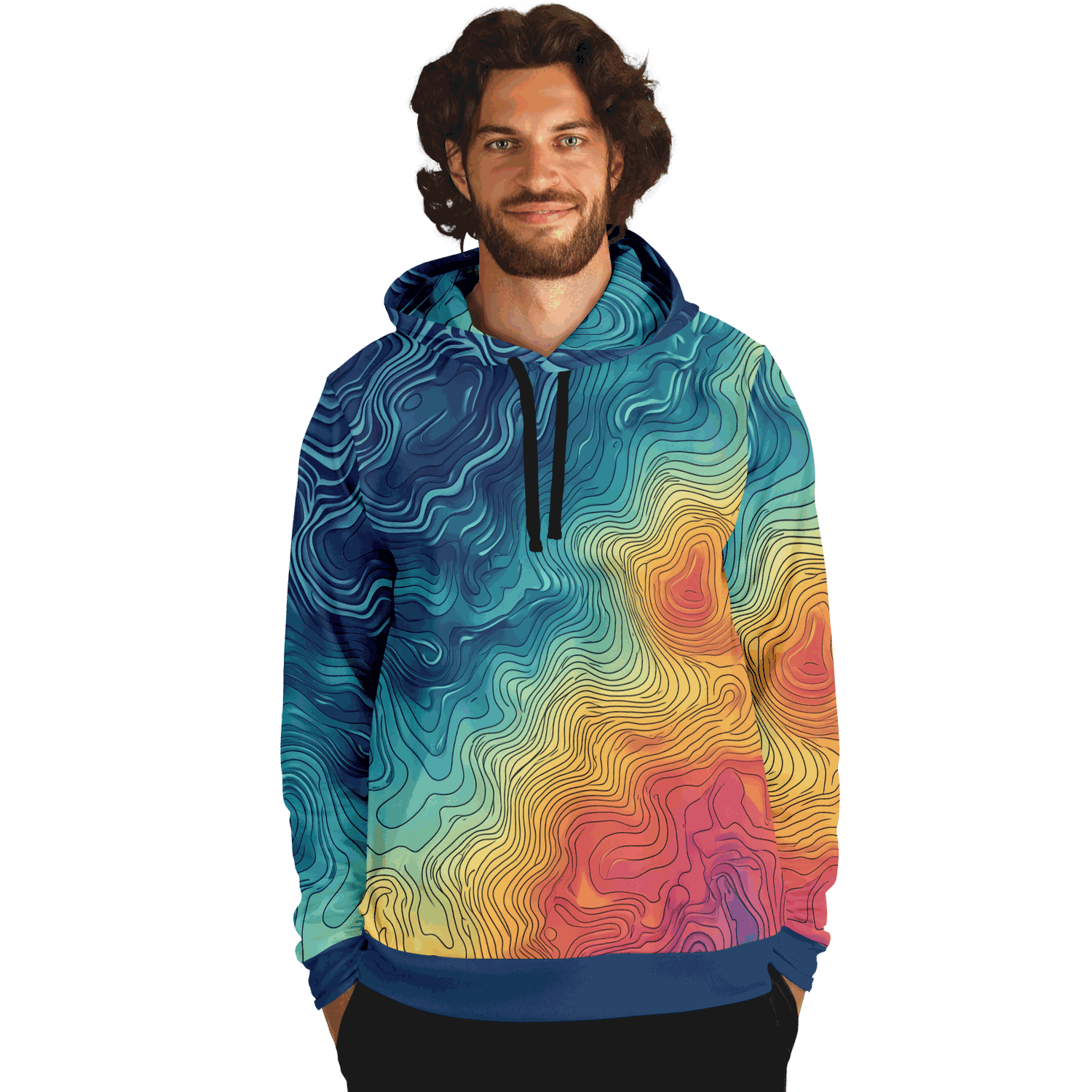 The Depth Explorer Pull Over Hoodie - Tri-Blend features a vibrant array of intricate, wavy line patterns in shades of blue, green, yellow, and red. These designs mimic underwater contours on a topographic map, giving the garment a textured and flowing look throughout. The ensemble includes the hood up and hands tucked into the front pocket.