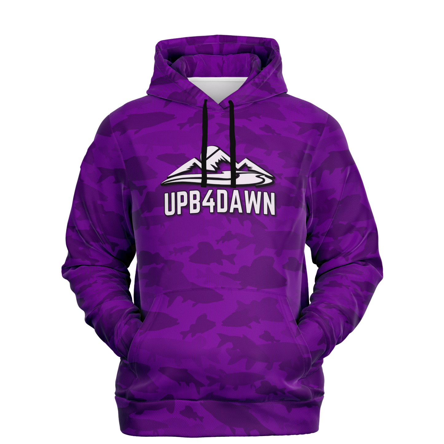 The Angler's Mirage Hoodie - Tri-Blend Hoodie - 6 Colors is a blue camouflage design featuring a graphic of a mountain with the brand name "UPB4DAWN" printed below it. This unisex fit hoodie has a drawstring hood and a front pouch pocket, with its vibrant fish camo pattern standing out against the black background.