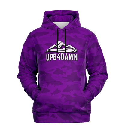 The Angler's Mirage Hoodie - Tri-Blend Hoodie - 6 Colors is a blue camouflage design featuring a graphic of a mountain with the brand name "UPB4DAWN" printed below it. This unisex fit hoodie has a drawstring hood and a front pouch pocket, with its vibrant fish camo pattern standing out against the black background.