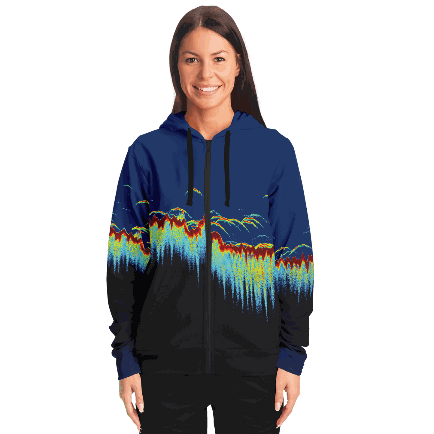 Sonar Scan Zip-Up Hoodie with vibrant sonar screen pattern, ideal for fishing enthusiasts.