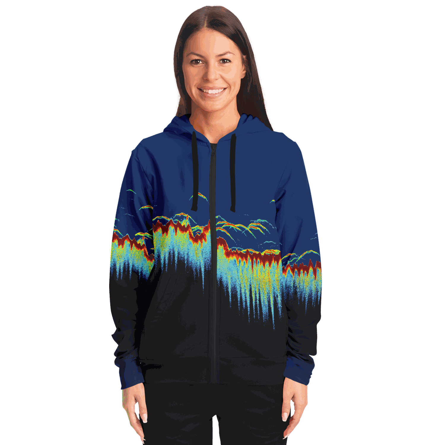 Sonar Scan Zip-Up Hoodie with vibrant sonar screen pattern, ideal for fishing enthusiasts.