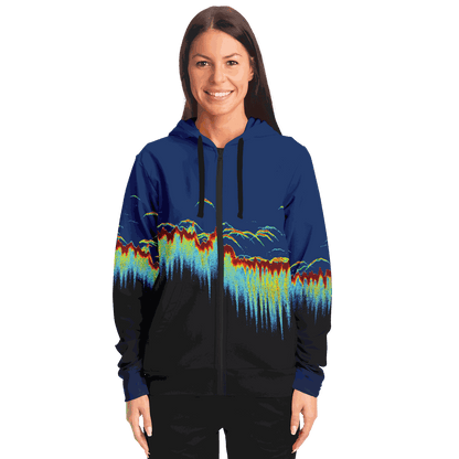 Sonar Scan Zip-Up Hoodie with vibrant sonar screen pattern, ideal for fishing enthusiasts.