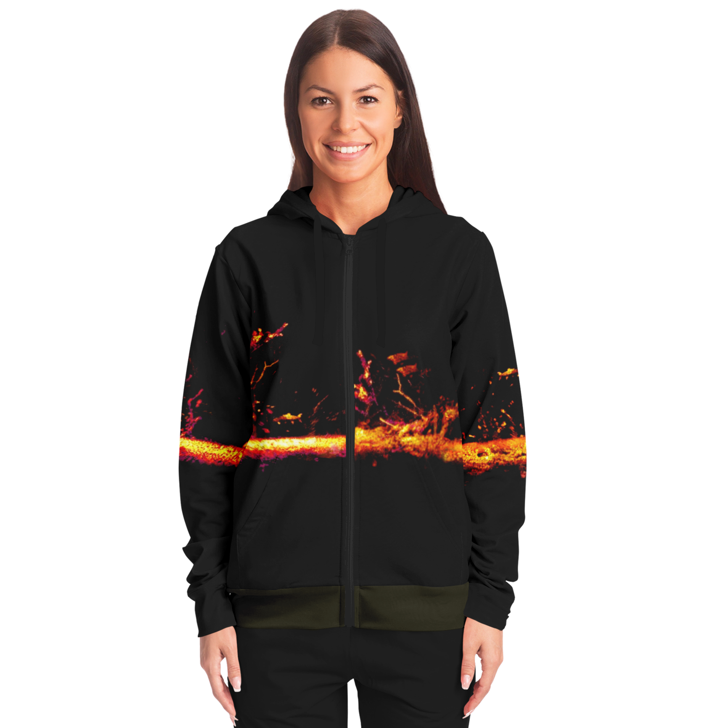 Sonar Live Zip-Up Hoodie with vibrant sonar screen pattern, front pocket, and drawstring hood for fishing.