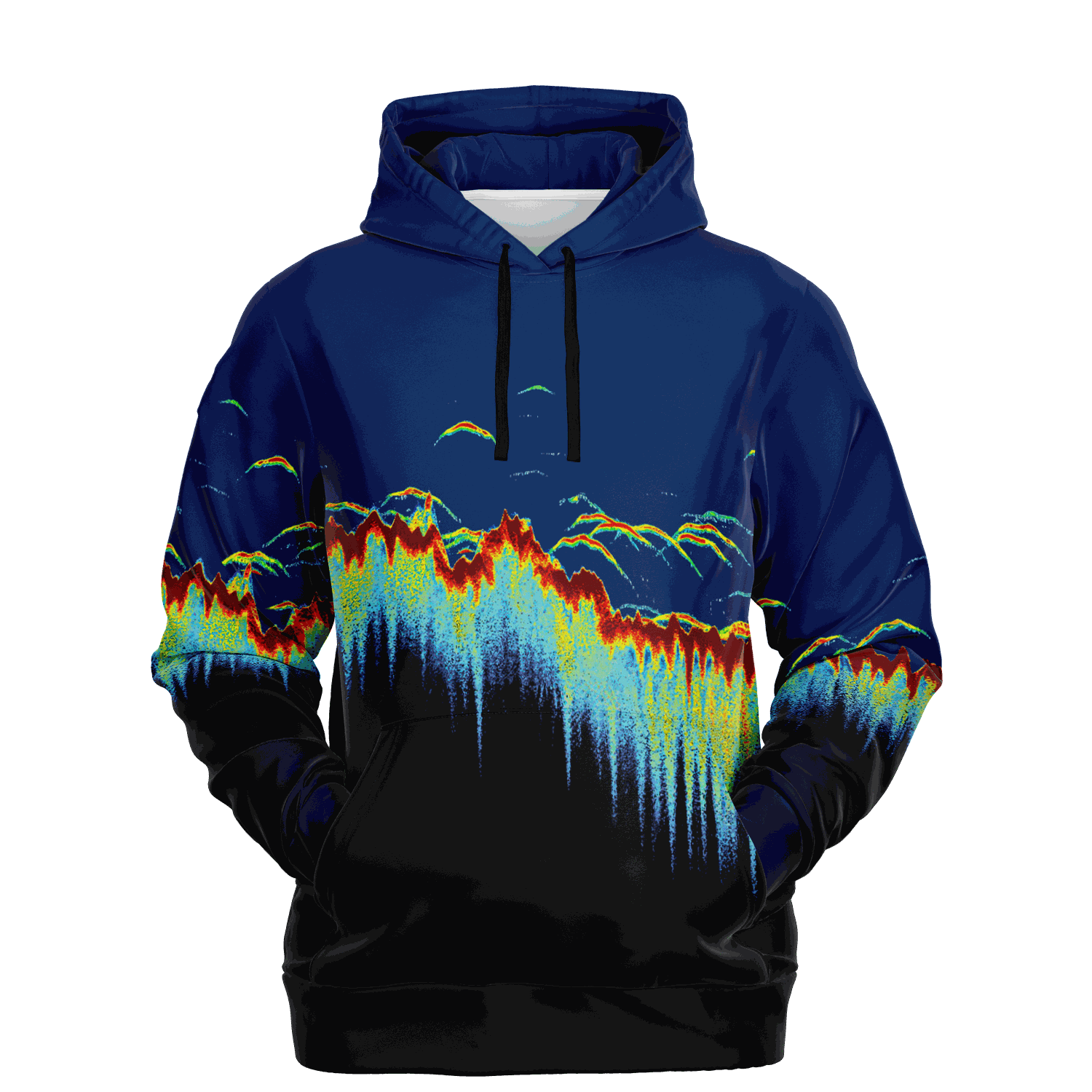 Introducing the Sonar Scan Hoodie, a tri-blend marvel with an eye-catching abstract design that replicates colorful sound wave patterns. This hoodie showcases rich dark blue tones that gracefully fade into black towards the hem, accented by dynamic streaks of red, yellow, and blue for a striking visual appeal.