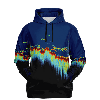 Introducing the Sonar Scan Hoodie, a tri-blend marvel with an eye-catching abstract design that replicates colorful sound wave patterns. This hoodie showcases rich dark blue tones that gracefully fade into black towards the hem, accented by dynamic streaks of red, yellow, and blue for a striking visual appeal.