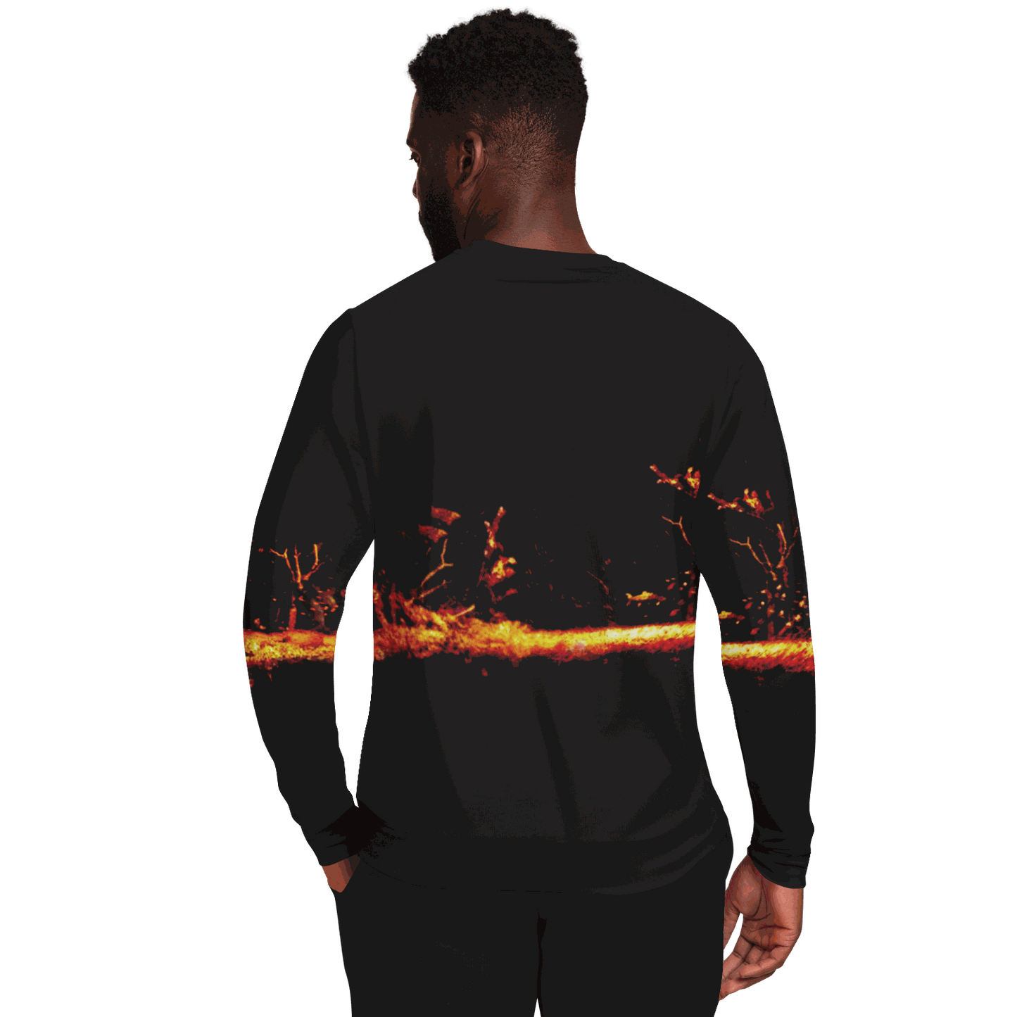 Back view of a man wearing the Sonar Live Sweatshirt with a vibrant sonar screen pattern.