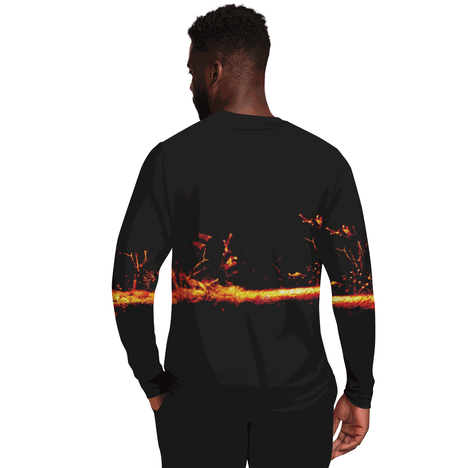 Back view of a man wearing the Sonar Live Sweatshirt with a vibrant sonar screen pattern.