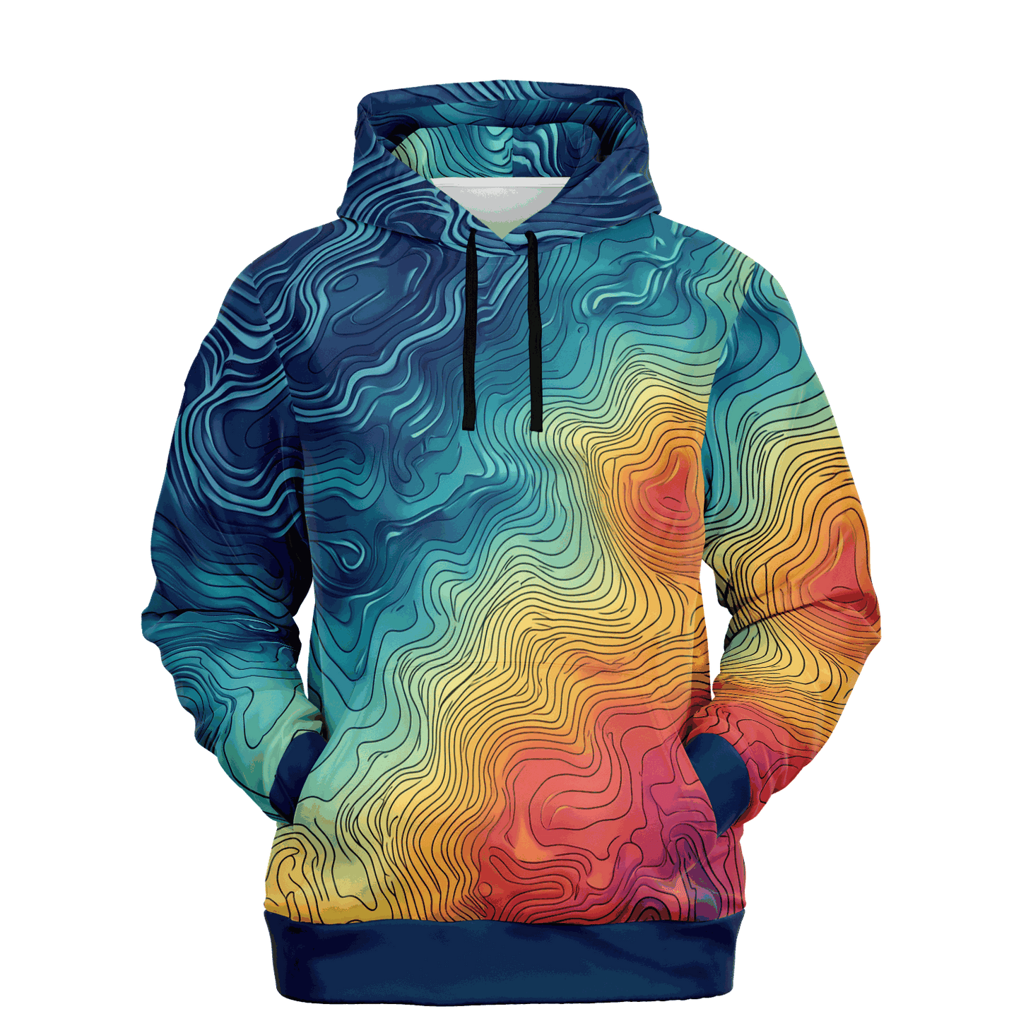 The Depth Explorer Pull Over Hoodie - Tri-Blend features a vibrant array of intricate, wavy line patterns in shades of blue, green, yellow, and red. These designs mimic underwater contours on a topographic map, giving the garment a textured and flowing look throughout. The ensemble includes the hood up and hands tucked into the front pocket.