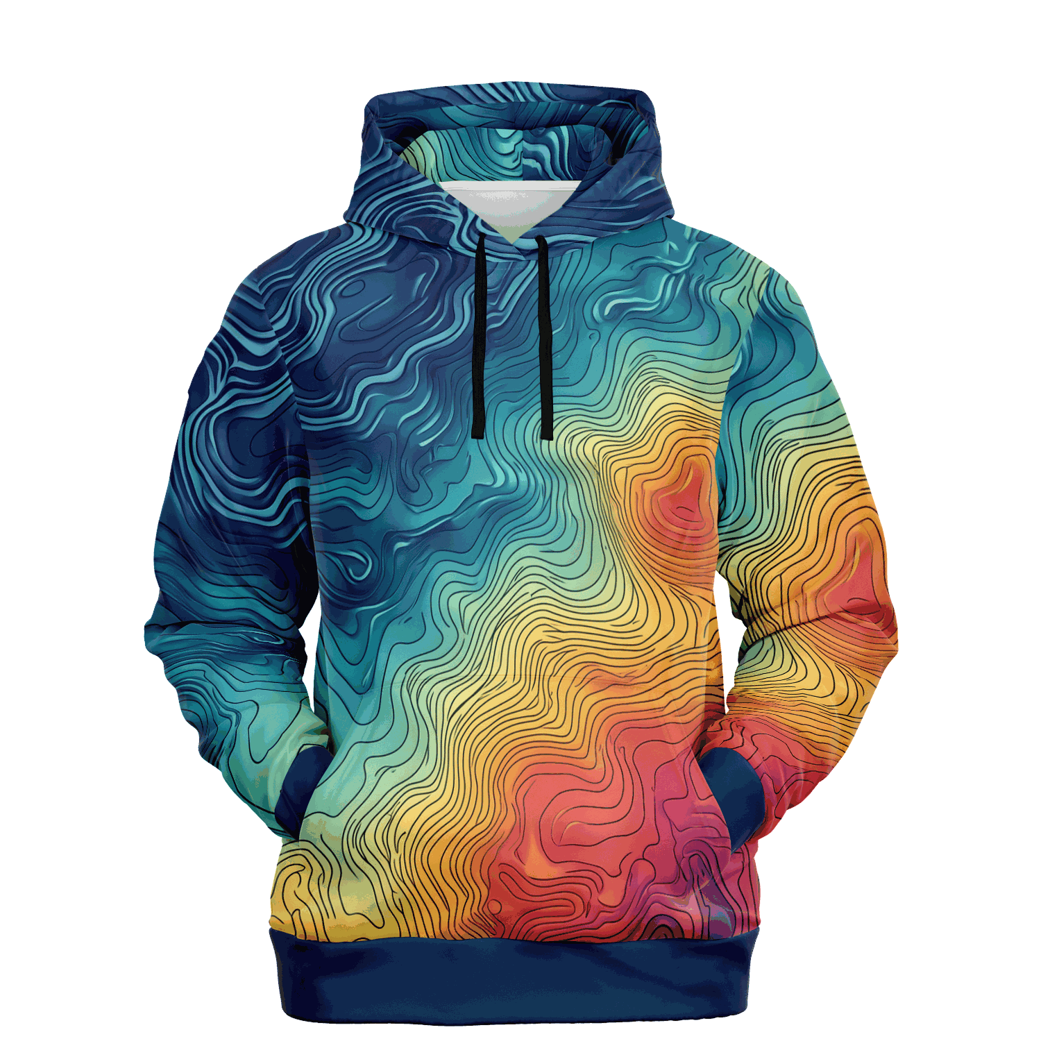 The Depth Explorer Pull Over Hoodie - Tri-Blend features a vibrant array of intricate, wavy line patterns in shades of blue, green, yellow, and red. These designs mimic underwater contours on a topographic map, giving the garment a textured and flowing look throughout. The ensemble includes the hood up and hands tucked into the front pocket.