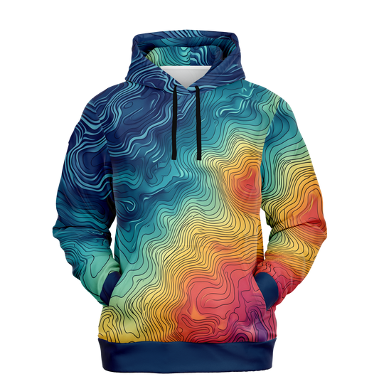 The Depth Explorer Pull Over Hoodie - Tri-Blend features a vibrant array of intricate, wavy line patterns in shades of blue, green, yellow, and red. These designs mimic underwater contours on a topographic map, giving the garment a textured and flowing look throughout. The ensemble includes the hood up and hands tucked into the front pocket.