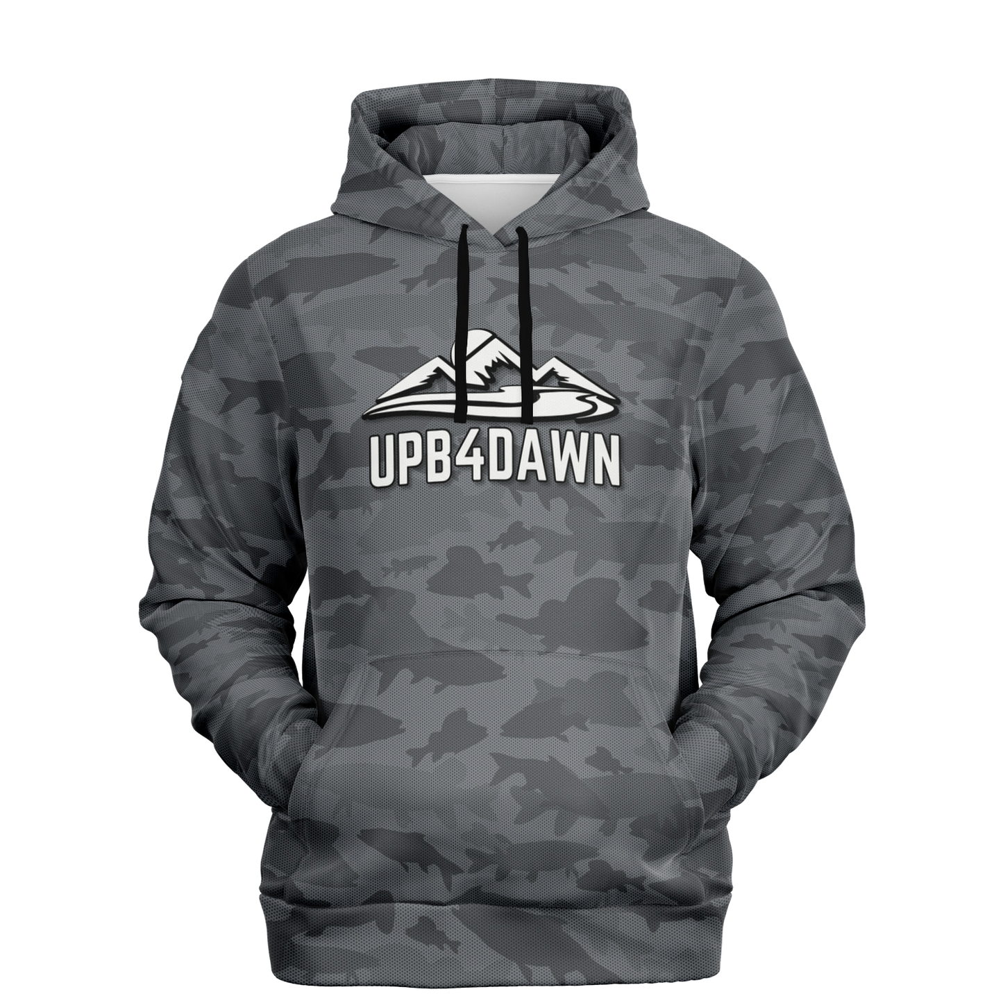 The Angler's Mirage Hoodie - Tri-Blend Hoodie - 6 Colors is a blue camouflage design featuring a graphic of a mountain with the brand name "UPB4DAWN" printed below it. This unisex fit hoodie has a drawstring hood and a front pouch pocket, with its vibrant fish camo pattern standing out against the black background.