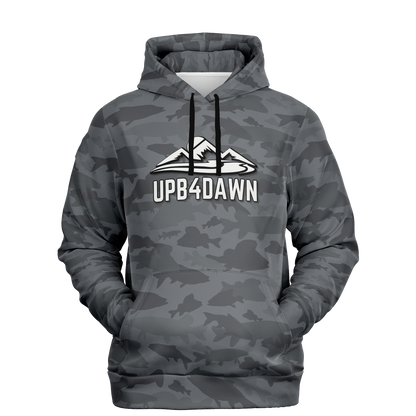 The Angler's Mirage Hoodie - Tri-Blend Hoodie - 6 Colors is a blue camouflage design featuring a graphic of a mountain with the brand name "UPB4DAWN" printed below it. This unisex fit hoodie has a drawstring hood and a front pouch pocket, with its vibrant fish camo pattern standing out against the black background.