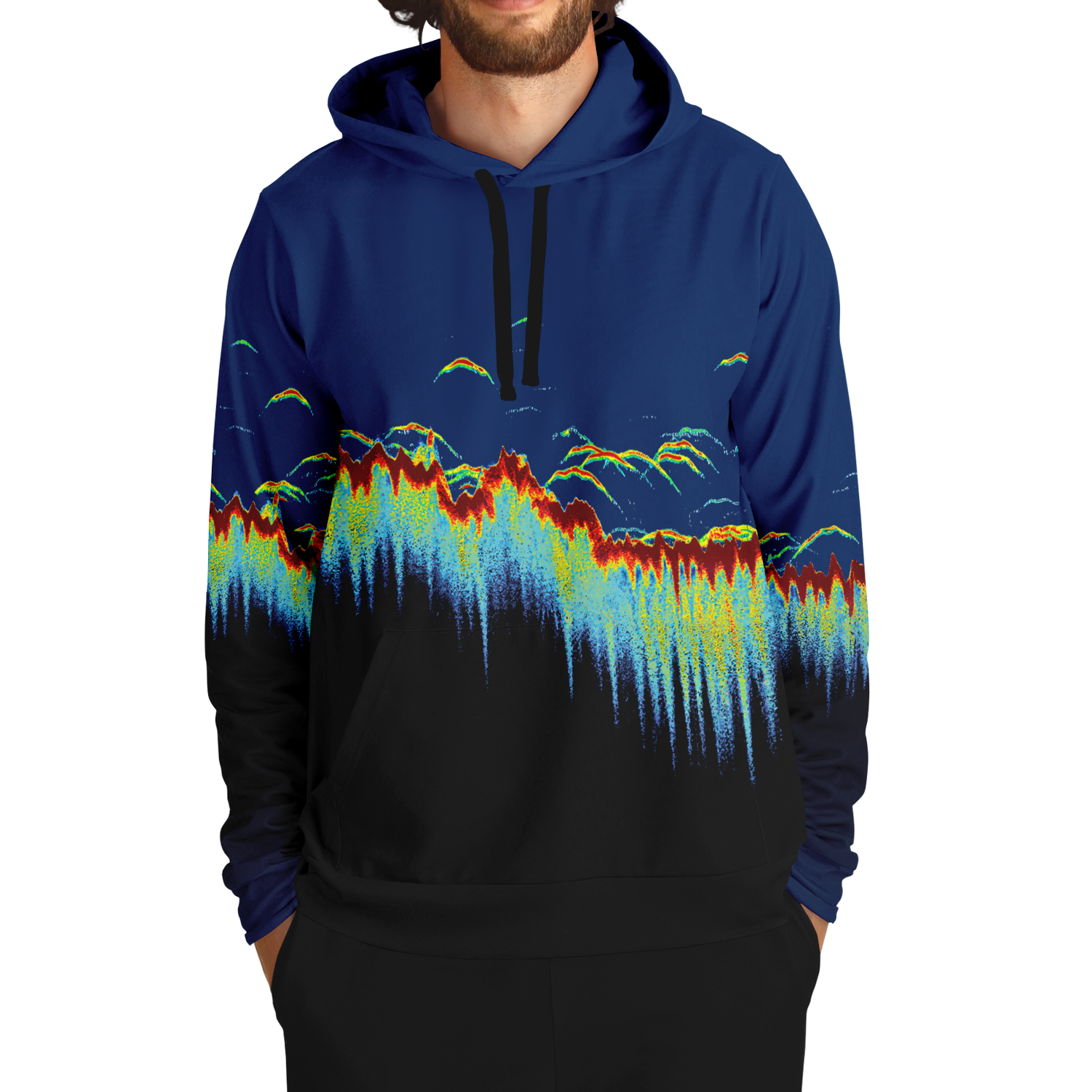 Introducing the Sonar Scan Pull Over Hoodie - Tri-Blend: a dynamic addition to your fishing wardrobe. This hoodie features an abstract design with vibrant colors resembling underwater fish movements or a digital soundwave. The top fades from dark blue to black, with bright green, yellow, red, and light blue accents cascading down.