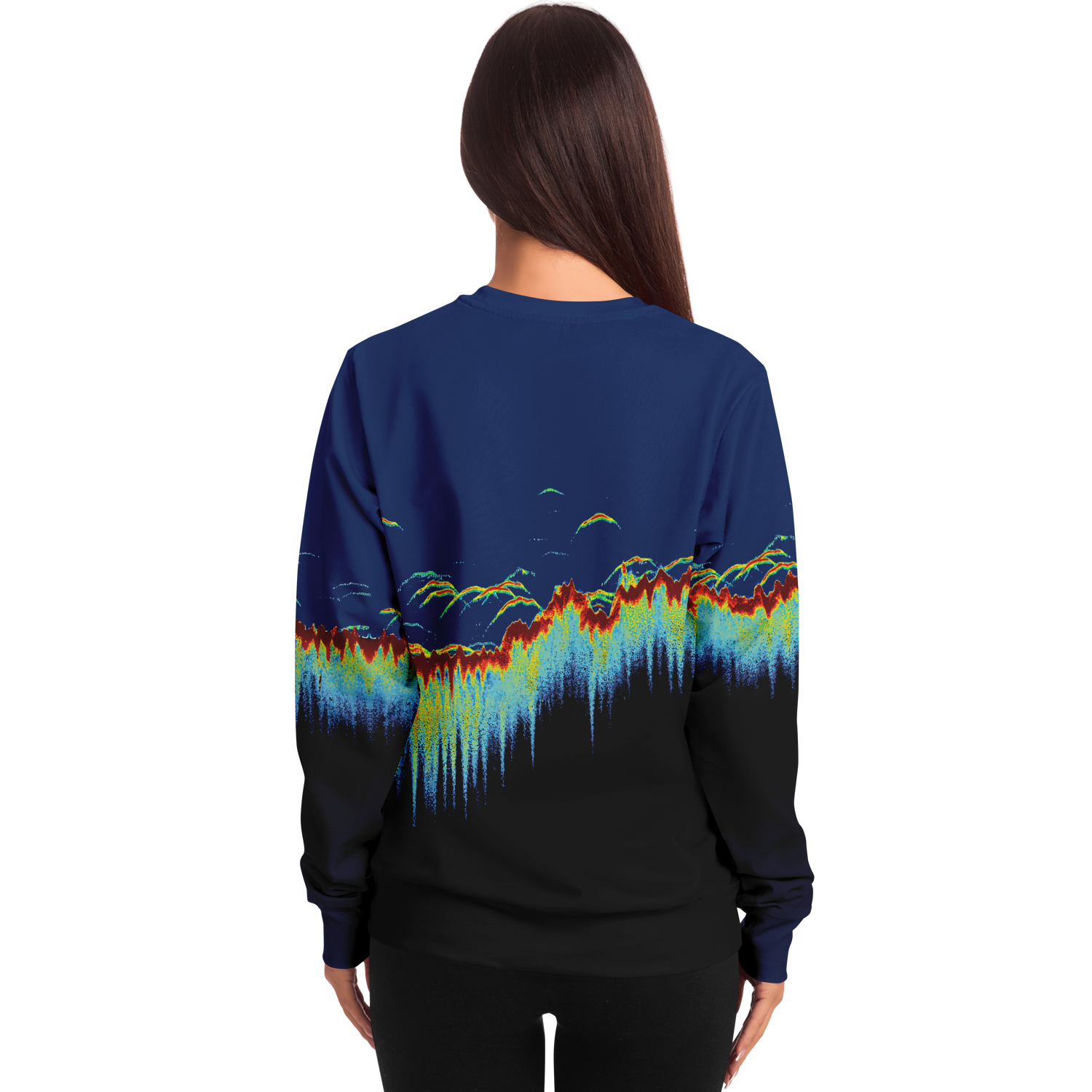 Sonar Scan Sweatshirt with vibrant sonar screen pattern, tri-blend fabric, back view.