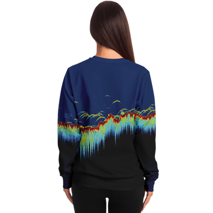 Sonar Scan Sweatshirt with vibrant sonar screen pattern, tri-blend fabric, back view.