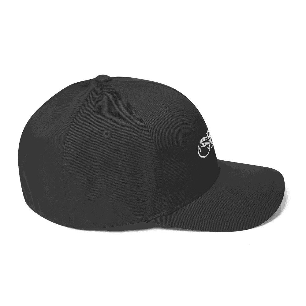 Chrome Flex Fit Structured Twill Cap, black, elastic stretch band, curved visor, six-panel design.