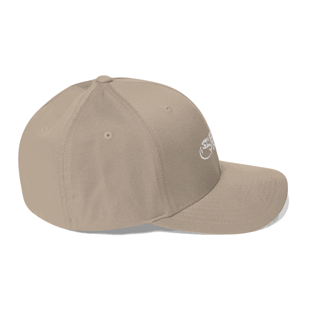 Beige Flex Fit structured twill cap with curved visor and embroidered design.