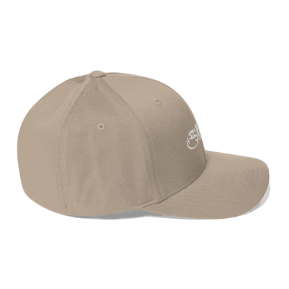 Beige Flex Fit structured twill cap with curved visor and embroidered design.