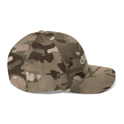 A camouflage athletic hat featuring the Bent on Chrome logo embroidered in white on the front. The cap has a structured design with a curved brim.