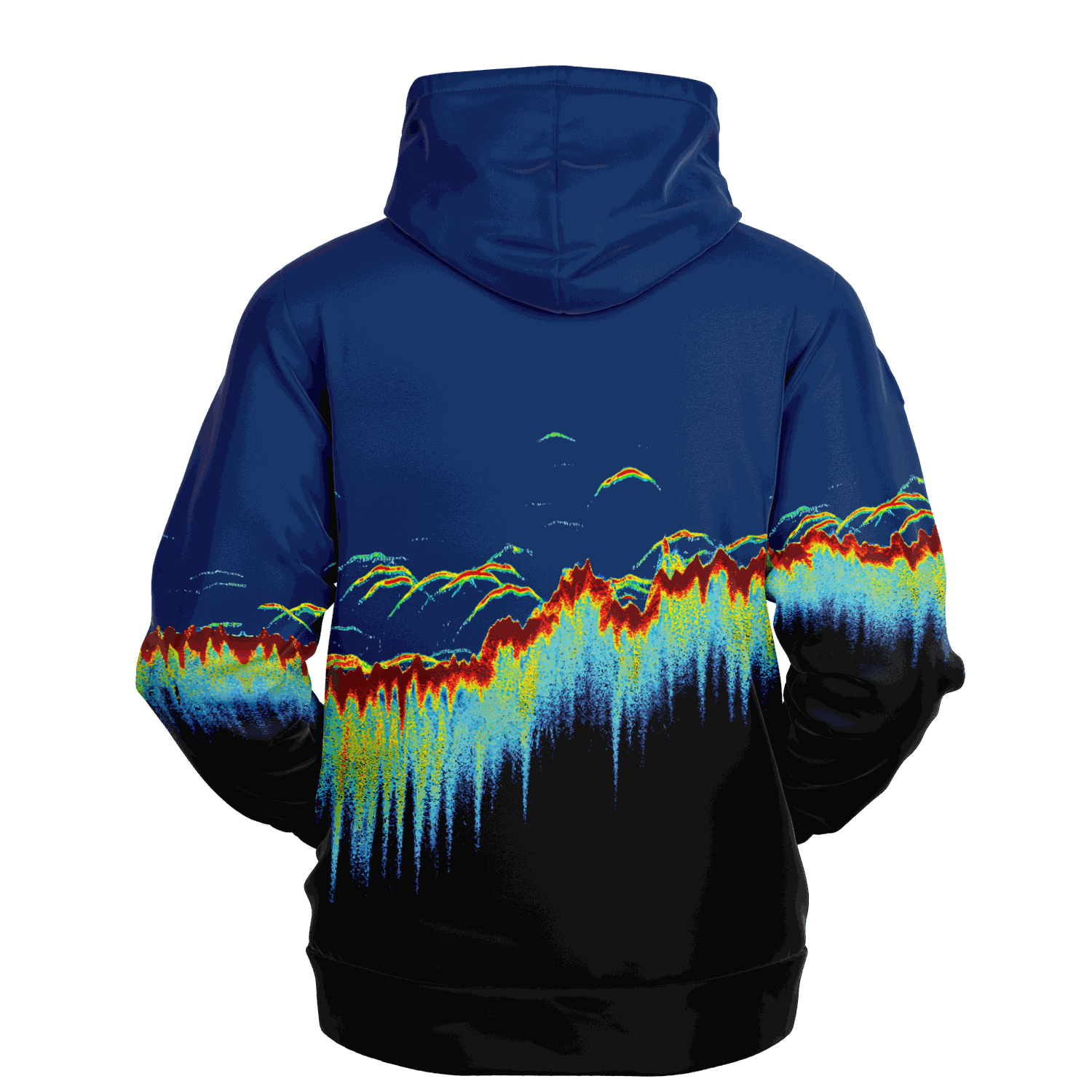 Experience the Sonar Scan Hoodie, a stunning tri-blend creation showcasing digital art with vivid abstract peaks and waveforms set against a blue and black background. The brilliant reds, yellows, and blues form an eye-catching visual masterpiece, making it an ideal addition to any fishing wardrobe.