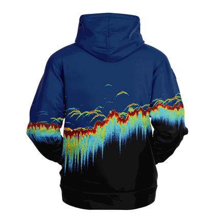 Experience the Sonar Scan Hoodie, a stunning tri-blend creation showcasing digital art with vivid abstract peaks and waveforms set against a blue and black background. The brilliant reds, yellows, and blues form an eye-catching visual masterpiece, making it an ideal addition to any fishing wardrobe.