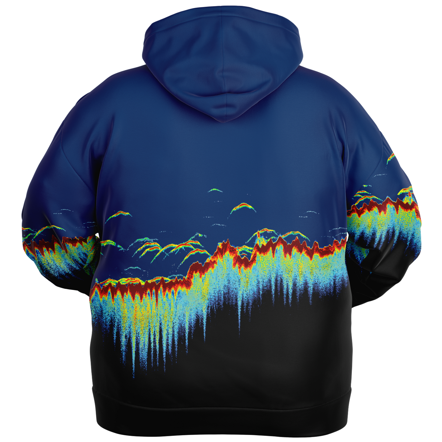 Someone wearing the Sonar Scan Plus-size Hoodie, showcasing a colorful abstract pattern reminiscent of a digital waveform or sonar scan. The vibrant mix of blue, red, yellow, and green pops against the black backdrop to create a striking soundwave-inspired visual.