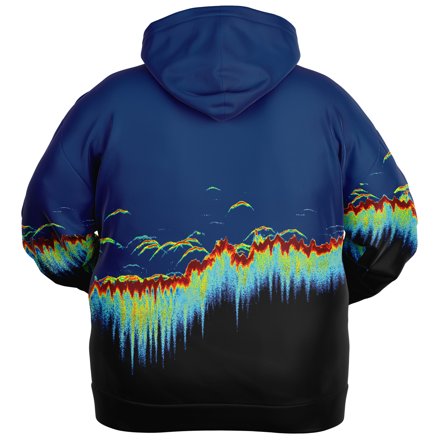 Someone wearing the Sonar Scan Plus-size Hoodie, showcasing a colorful abstract pattern reminiscent of a digital waveform or sonar scan. The vibrant mix of blue, red, yellow, and green pops against the black backdrop to create a striking soundwave-inspired visual.