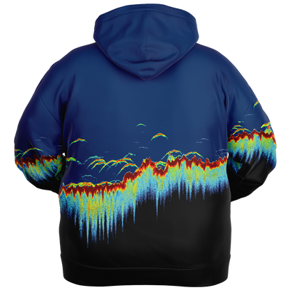 Someone wearing the Sonar Scan Plus-size Hoodie, showcasing a colorful abstract pattern reminiscent of a digital waveform or sonar scan. The vibrant mix of blue, red, yellow, and green pops against the black backdrop to create a striking soundwave-inspired visual.