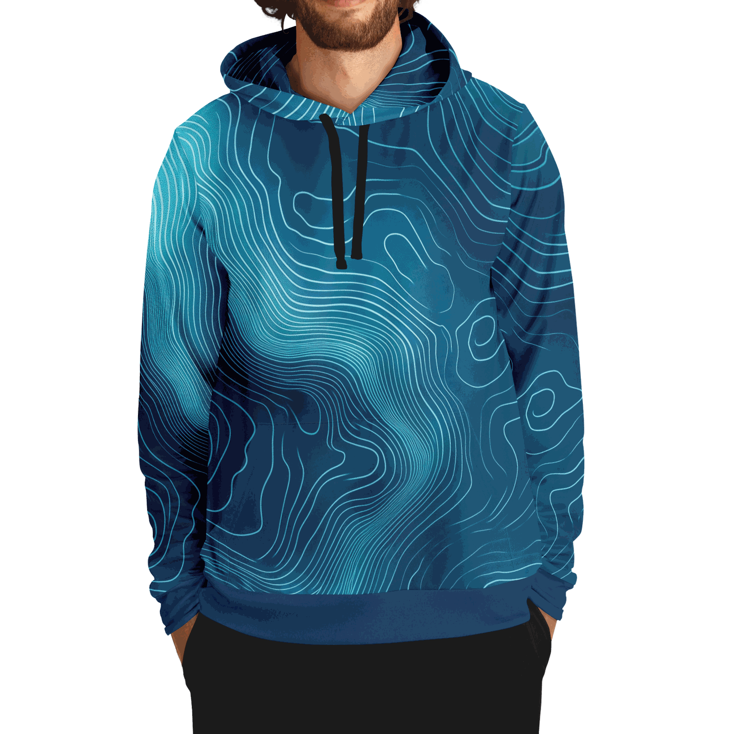 Deep Blue Depth Map Hoodie with underwater contour design, tri-blend fabric.