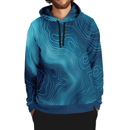 Deep Blue Depth Map Hoodie with underwater contour design, tri-blend fabric.