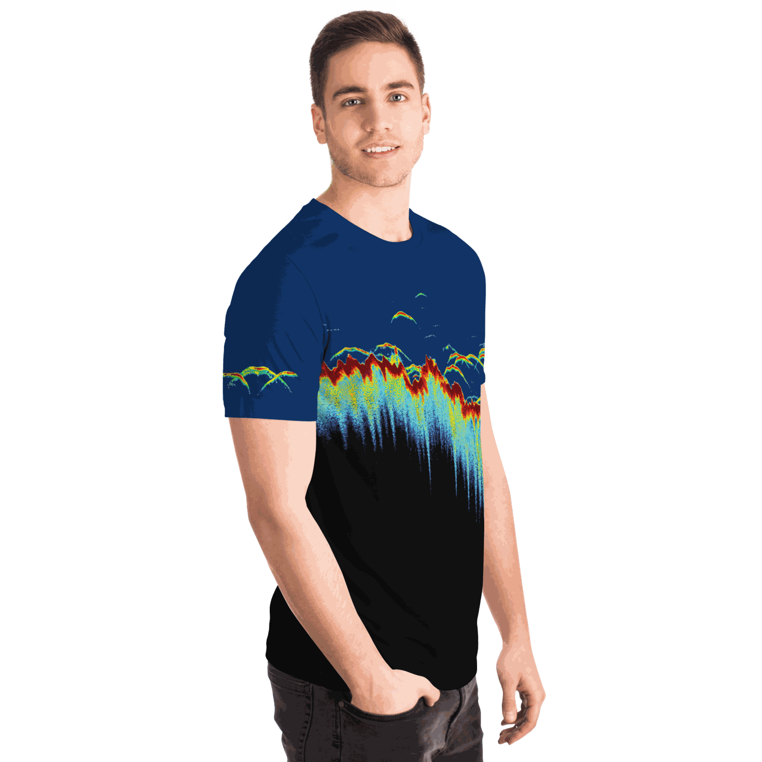 Sonar Scan Short Sleeve T-shirt with vibrant sonar pattern design, unisex fit, polyester fabric.