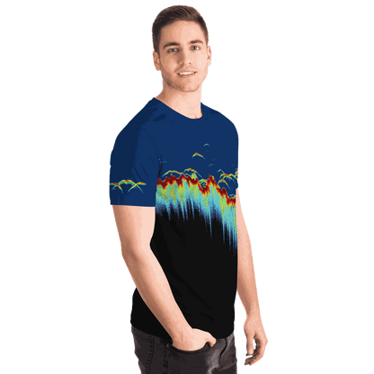 Sonar Scan Short Sleeve T-shirt with vibrant sonar pattern design, unisex fit, polyester fabric.