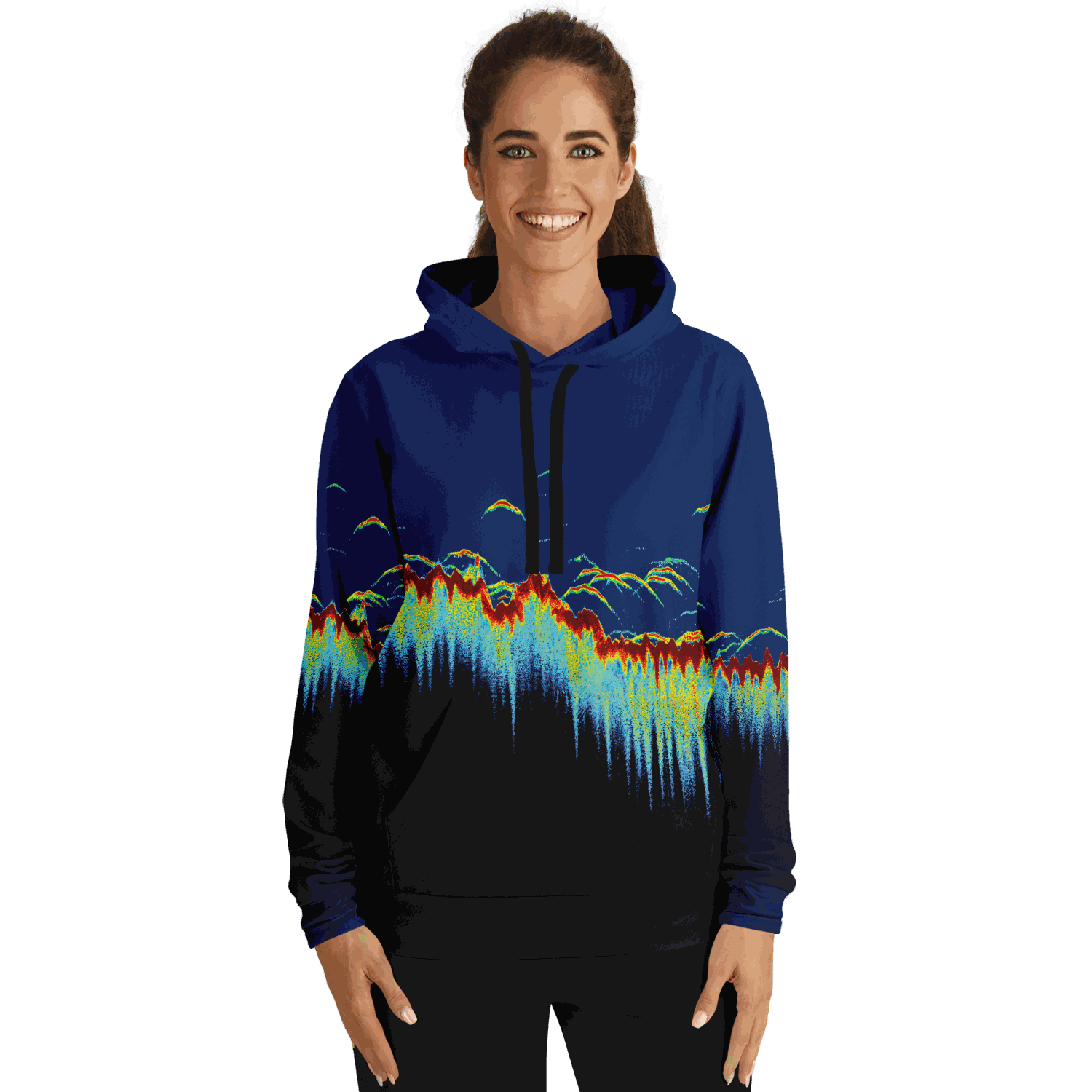 A woman smiles warmly while wearing the Sonar Scan Hoodie, adorned with a lively, abstract design resembling a digital soundwave set against a dark backdrop. This tri-blend hoodie is ideal for introducing distinctive style to any fishing wardrobe.