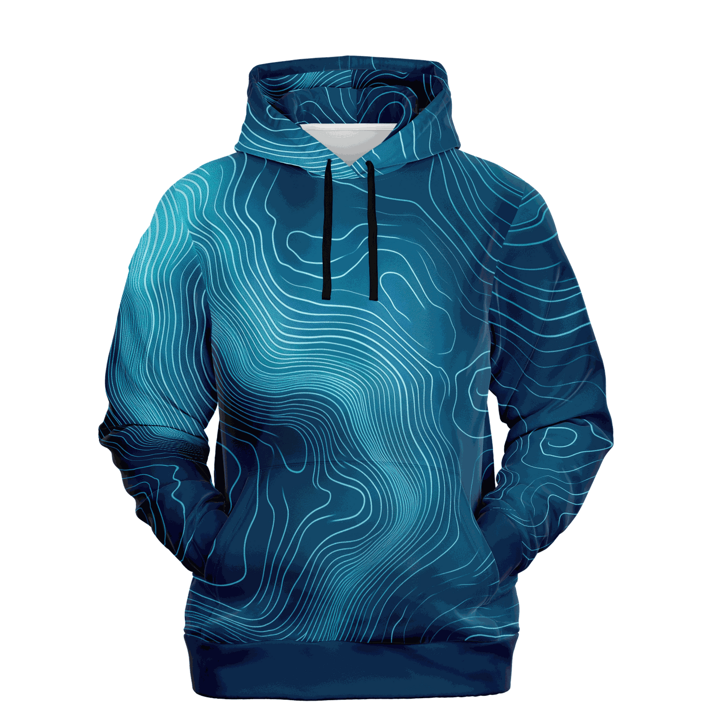 The Deep Blue Depth Map Hoodie showcases a swirling blue and teal topographic pattern, reminiscent of underwater contours, with black drawstrings set against a black background.