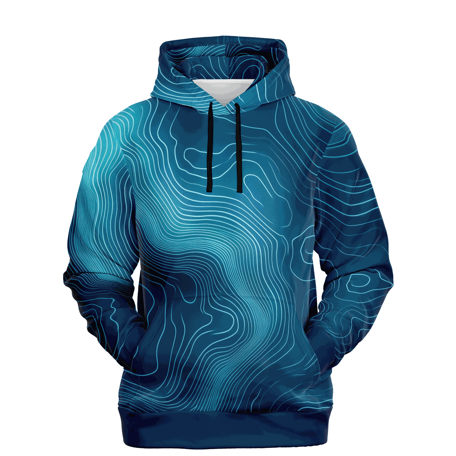 The Deep Blue Depth Map Hoodie showcases a swirling blue and teal topographic pattern, reminiscent of underwater contours, with black drawstrings set against a black background.