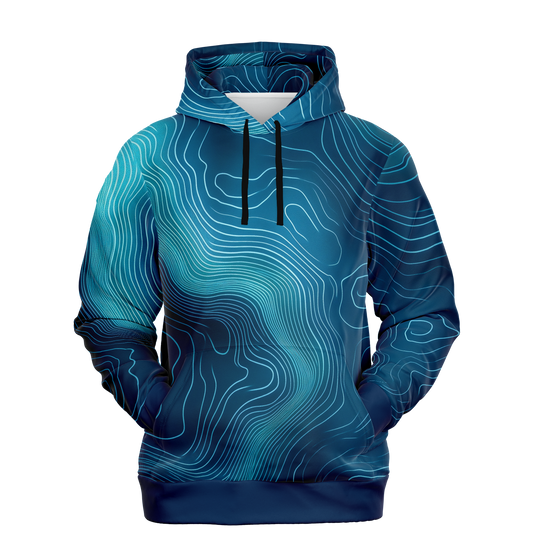 The Deep Blue Depth Map Hoodie showcases a swirling blue and teal topographic pattern, reminiscent of underwater contours, with black drawstrings set against a black background.