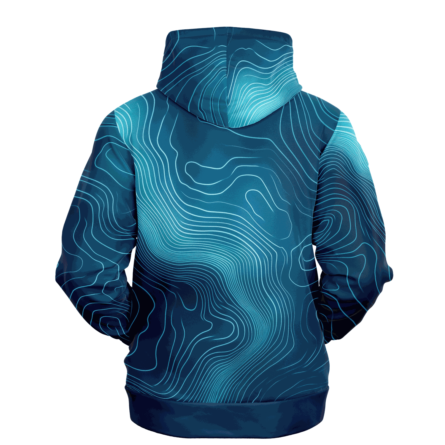 The Deep Blue Depth Map Hoodie showcases a topographic design in shades of blue and teal. It features swirling underwater contours, creating an abstract map-like appearance, complete with a hood and long sleeves. The hoodie is displayed from the back against a black background.