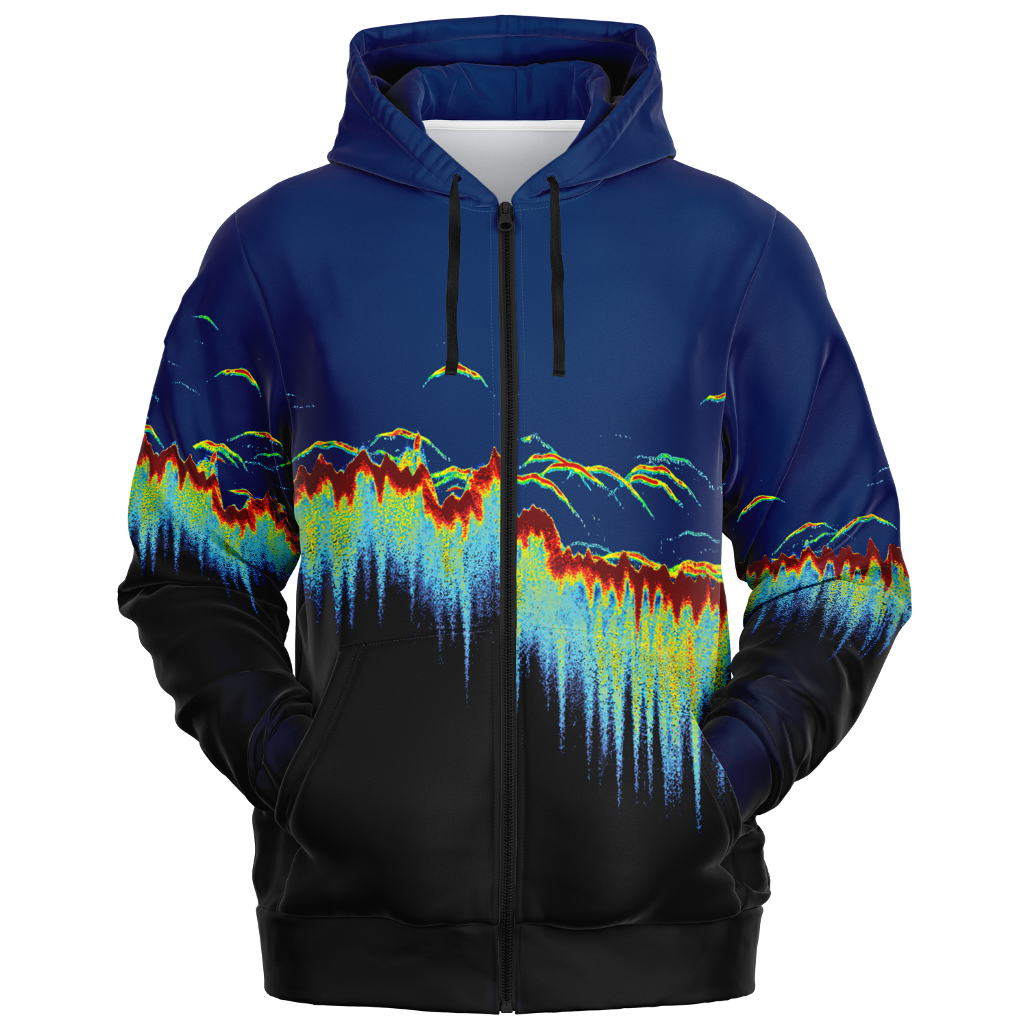 The Sonar Scan Zip-Up Hoodie - Tri-Blend is a unisex hoodie with a vibrant design on the back. The pattern showcases colorful, wave-like shapes in red, yellow, green, and blue set against a gradient background that transitions from dark blue at the top to black at the bottom. The hood features a solid dark blue color.