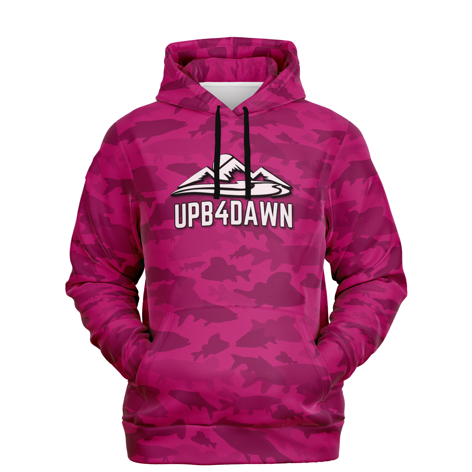 The Angler's Mirage Hoodie - Tri-Blend Hoodie - 6 Colors is a blue camouflage design featuring a graphic of a mountain with the brand name "UPB4DAWN" printed below it. This unisex fit hoodie has a drawstring hood and a front pouch pocket, with its vibrant fish camo pattern standing out against the black background.