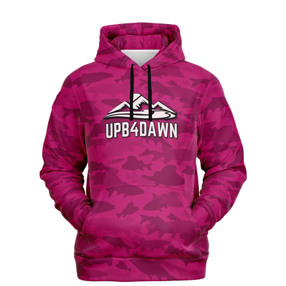 The Angler's Mirage Hoodie - Tri-Blend Hoodie - 6 Colors is a blue camouflage design featuring a graphic of a mountain with the brand name "UPB4DAWN" printed below it. This unisex fit hoodie has a drawstring hood and a front pouch pocket, with its vibrant fish camo pattern standing out against the black background.