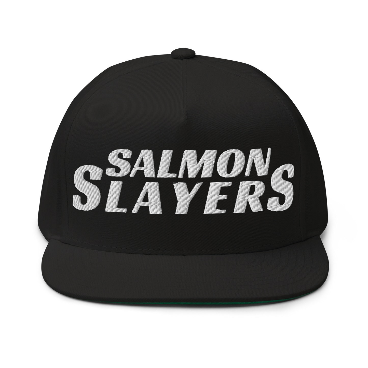 Black and red high profile cap with the words "Salmon Slayers" embroidered in bold, white letters on the front, featuring a snapback closure.