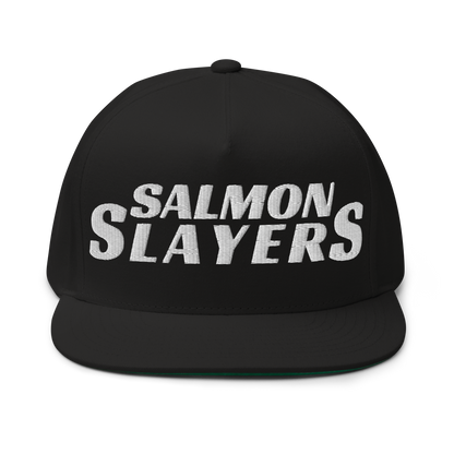 Black and red high profile cap with the words "Salmon Slayers" embroidered in bold, white letters on the front, featuring a snapback closure.