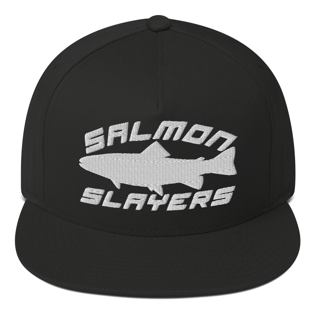 A black ***Salmon Slayers - Sport - Flat Bill Cap*** with a high-profile fit and snapback closure, featuring an embroidered design of a stylized salmon and "SALMON SLAYERS" in bold white letters above and below the fish. The green undervisor adds a unique touch to this stylish cap.