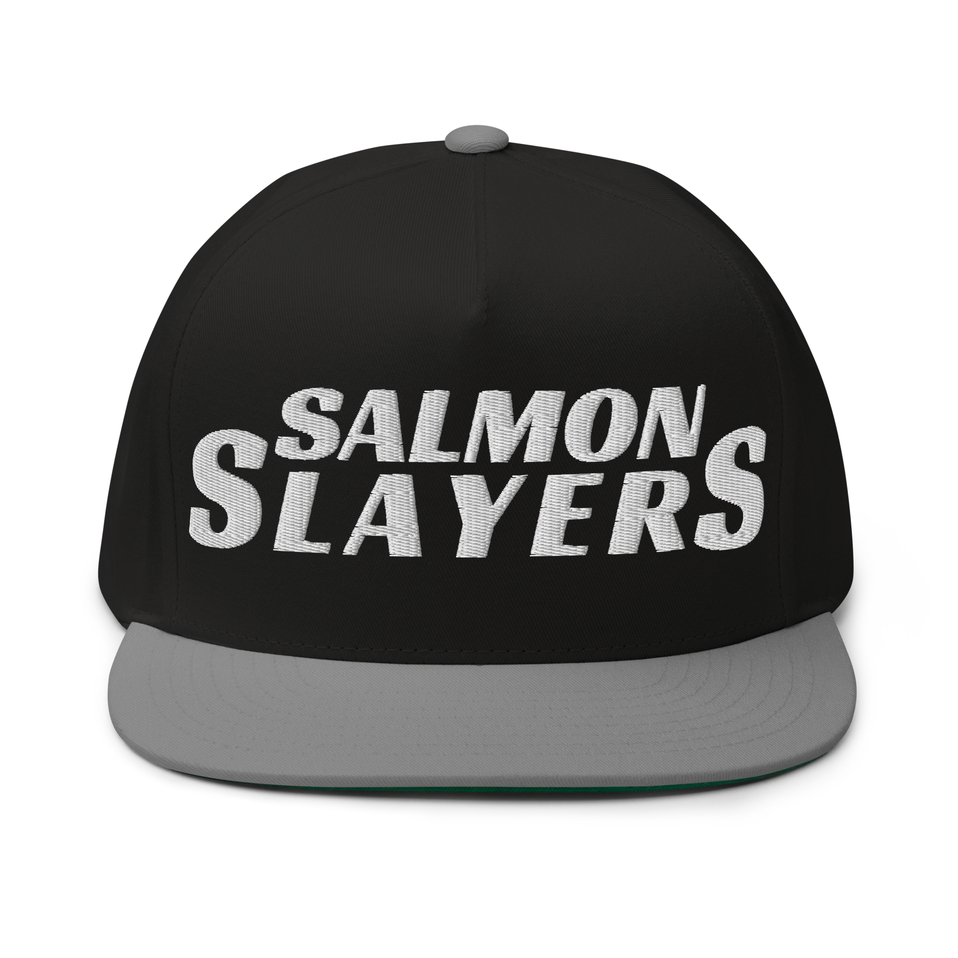 Black and red high profile cap with the words "Salmon Slayers" embroidered in bold, white letters on the front, featuring a snapback closure.