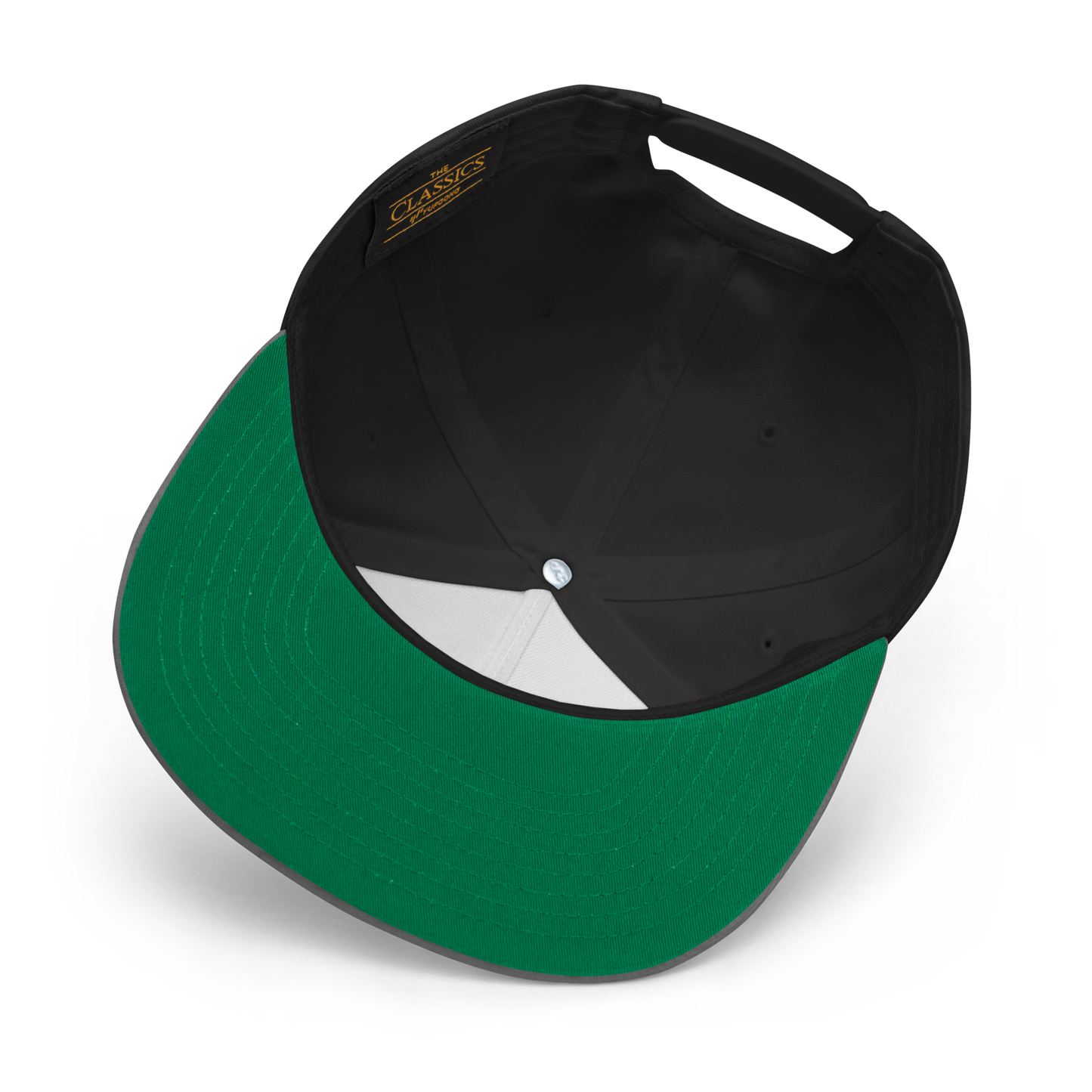 A black ***Salmon Slayers - Sport - Flat Bill Cap*** with a high-profile fit and snapback closure, featuring an embroidered design of a stylized salmon and "SALMON SLAYERS" in bold white letters above and below the fish. The green undervisor adds a unique touch to this stylish cap.