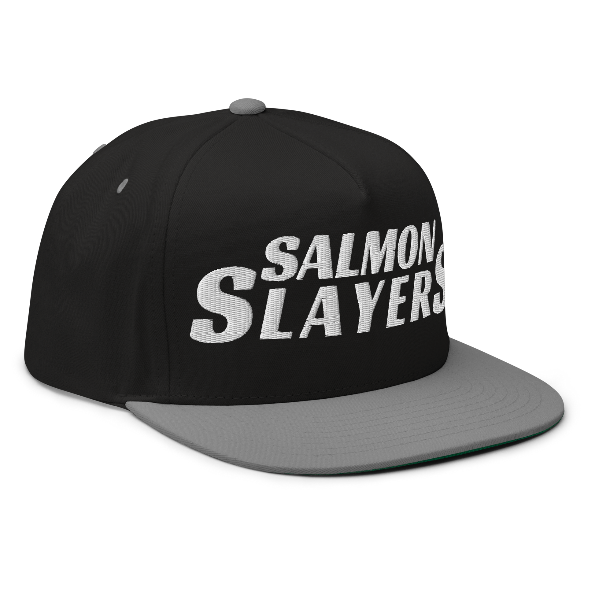 Black and red high profile cap with the words "Salmon Slayers" embroidered in bold, white letters on the front, featuring a snapback closure.