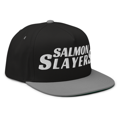 Black and red high profile cap with the words "Salmon Slayers" embroidered in bold, white letters on the front, featuring a snapback closure.