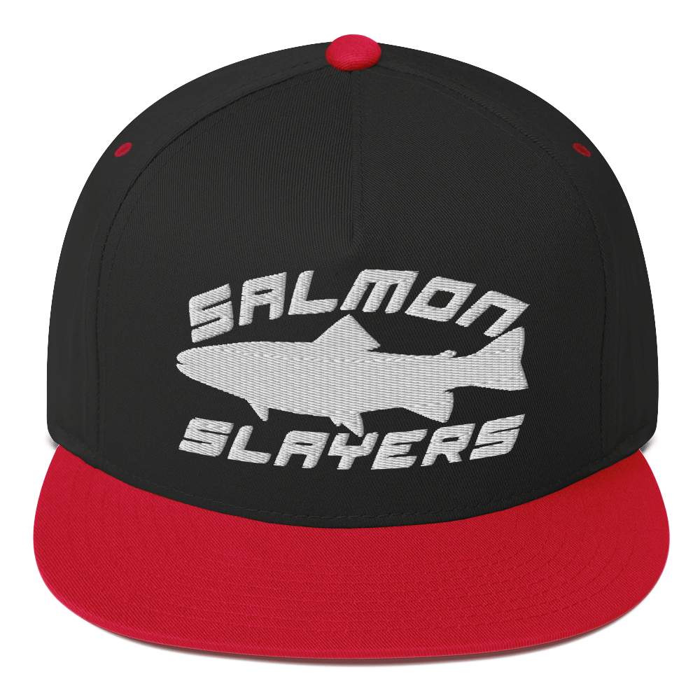 A black ***Salmon Slayers - Sport - Flat Bill Cap*** with a high-profile fit and snapback closure, featuring an embroidered design of a stylized salmon and "SALMON SLAYERS" in bold white letters above and below the fish. The green undervisor adds a unique touch to this stylish cap.