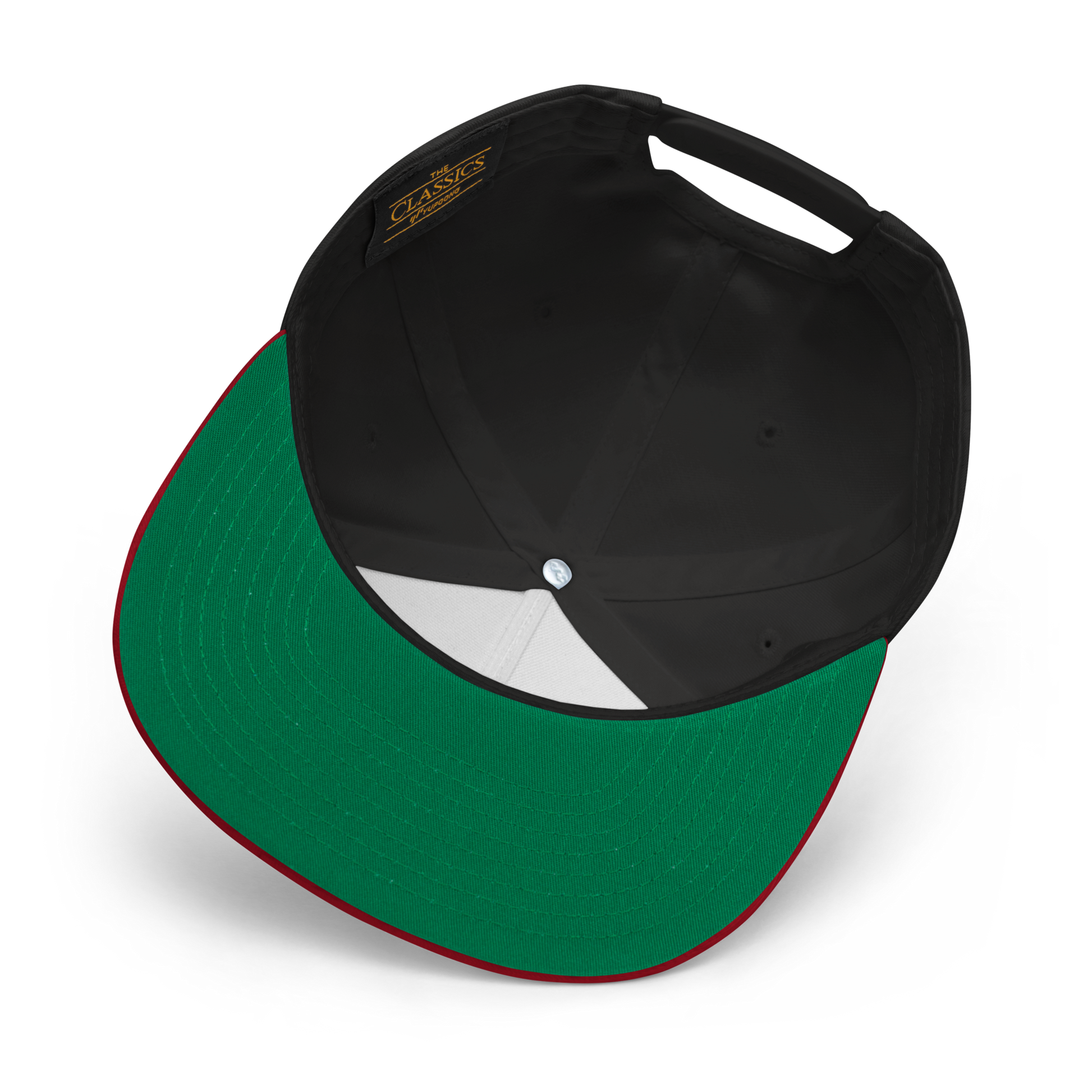 A black ***Salmon Slayers - Sport - Flat Bill Cap*** with a high-profile fit and snapback closure, featuring an embroidered design of a stylized salmon and "SALMON SLAYERS" in bold white letters above and below the fish. The green undervisor adds a unique touch to this stylish cap.